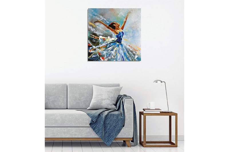 Lærredsbillede - Dansende ballerina i en blå kjole - Blå / Hvid / Orange - Boligtilbehør - Billeder & kunst - Billeder på lærred