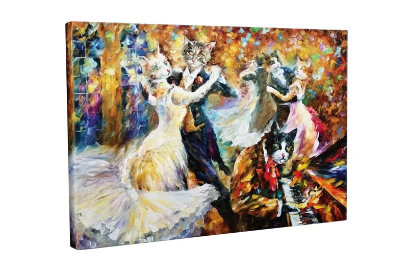 Lærredsbillede - Dansende katte i elegant tøj til en festlig bal, Guld / Hvid / Sort