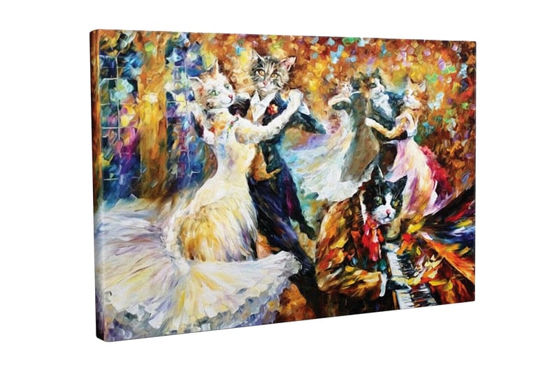 Lærredsbillede - Dansende katte i elegant tøj til en festlig bal, Guld / Hvid / Sort