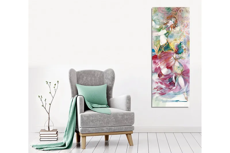 Lærredsbillede - Dansende kvinde i farverigt kostume med detaljerede mønstre - Lyserød / Turkis / Grøn - Boligtilbehør - Billeder & kunst - Billeder på lærred