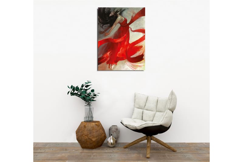 Lærredsbillede - Dansende kvinde i rød kjole med flagrende bånd - Rød / Beige / Sort - Boligtilbehør - Billeder & kunst - Billeder på lærred