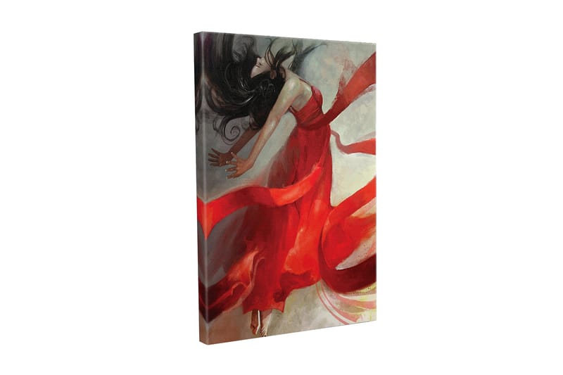 Lærredsbillede - Dansende kvinde i rød kjole med flagrende bånd, Rød / Beige / Sort