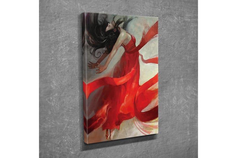 Lærredsbillede - Dansende kvinde i rød kjole med flagrende bånd - Rød / Beige / Sort - Boligtilbehør - Billeder & kunst - Billeder på lærred