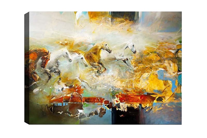Lærredsbillede - Dynamisk gruppe af galoperende heste, Guld / Hvid / Brun