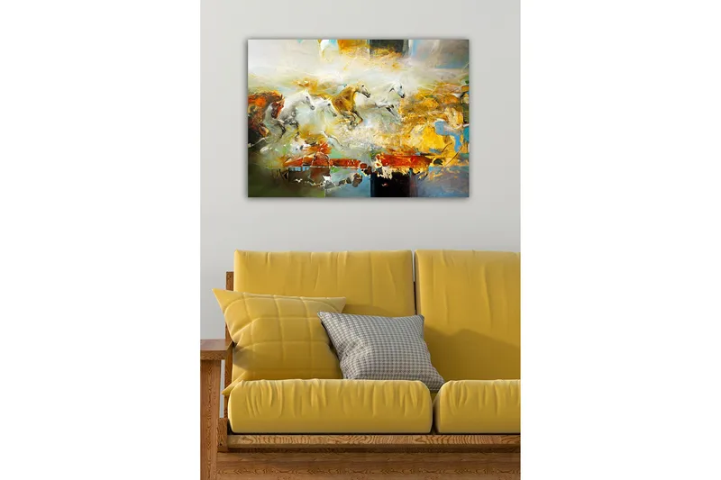 Lærredsbillede - Dynamisk gruppe af galoperende heste - Guld / Hvid / Brun - Boligtilbehør - Billeder & kunst - Billeder på lærred