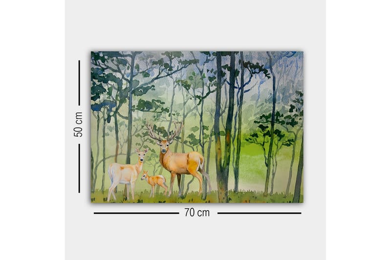 Lærredsbillede - Dyrelivsfamilie i et skovmiljø med hjort og et lille barn - Grøn / Brun / Beige - Boligtilbehør - Billeder & kunst - Billeder på lærred