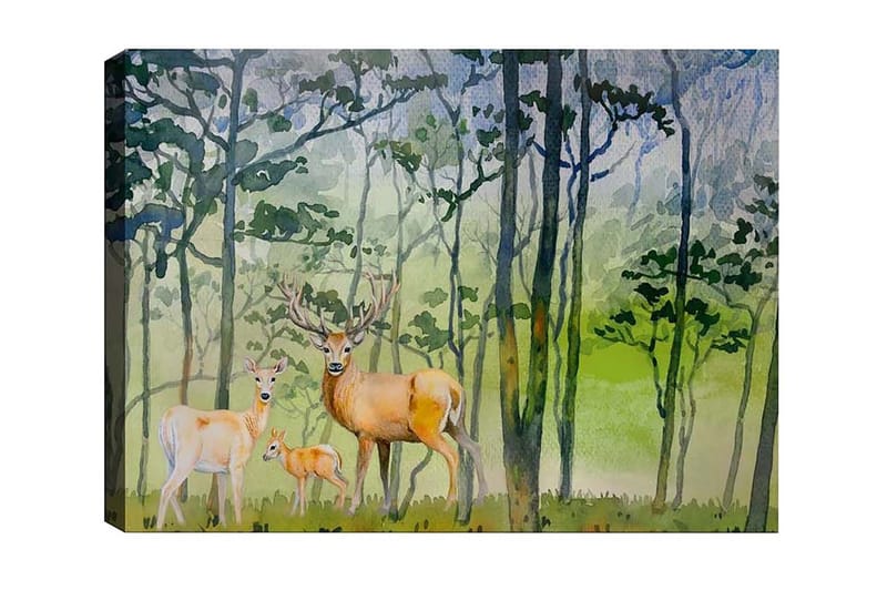 Lærredsbillede - Dyrelivsfamilie i et skovmiljø med hjort og et lille barn, Grøn / Brun / Beige