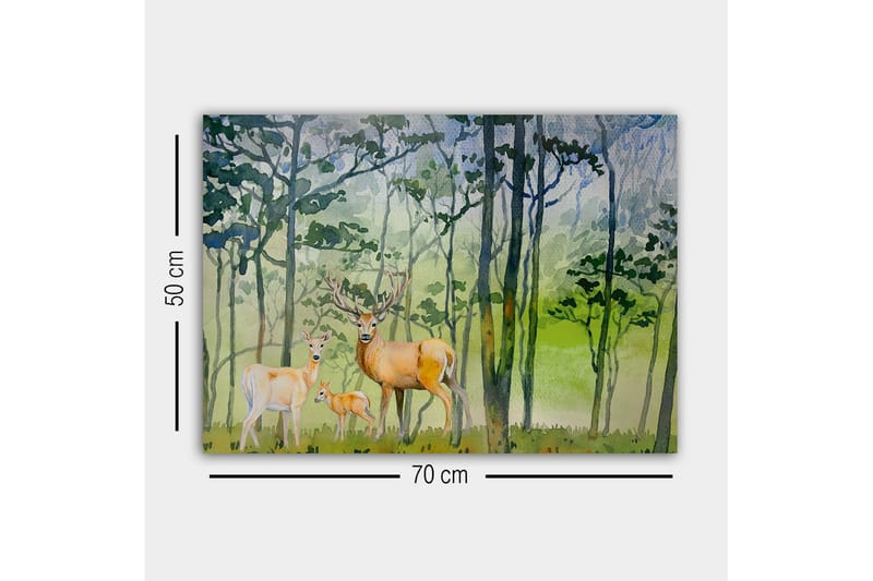 Lærredsbillede - Dyrelivsfamilie i et skovmiljø med hjort og et lille barn - Grøn / Brun / Beige - Boligtilbehør - Billeder & kunst - Billeder på lærred