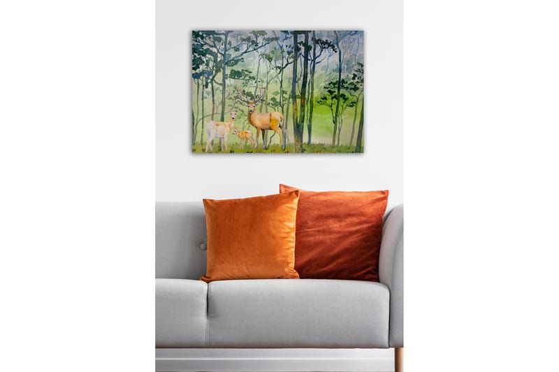 Lærredsbillede - Dyrelivsfamilie i et skovmiljø med hjort og et lille barn - Grøn / Brun / Beige - Boligtilbehør - Billeder & kunst - Billeder på lærred