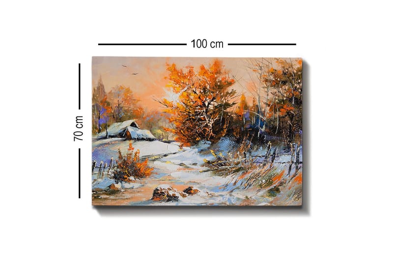 Lærredsbillede - Efterårslandskab med et ensomt hus og farverige træer - Orange / Hvid / Blå - Boligtilbehør - Billeder & kunst - Billeder på lærred