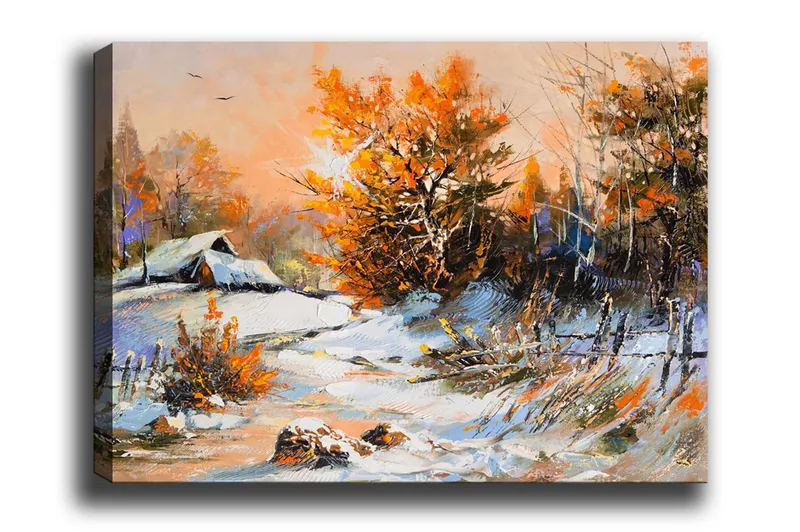 Lærredsbillede - Efterårslandskab med et ensomt hus og farverige træer, Orange / Hvid / Blå