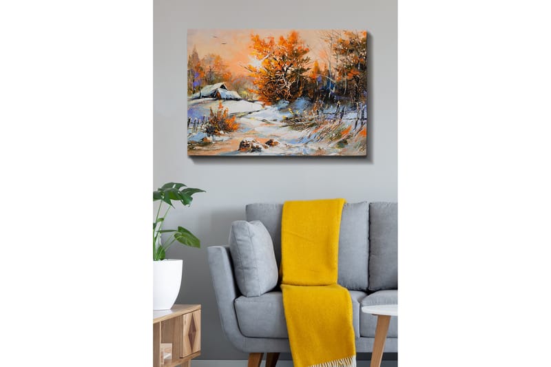 Lærredsbillede - Efterårslandskab med et ensomt hus og farverige træer - Orange / Hvid / Blå - Boligtilbehør - Billeder & kunst - Billeder på lærred