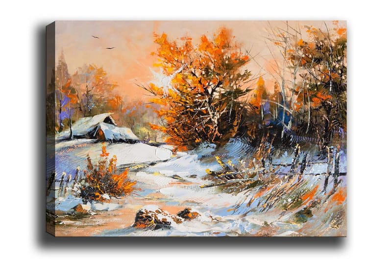 Lærredsbillede - Efterårslandskab med et ensomt hus og farverige træer, Orange / Hvid / Blå