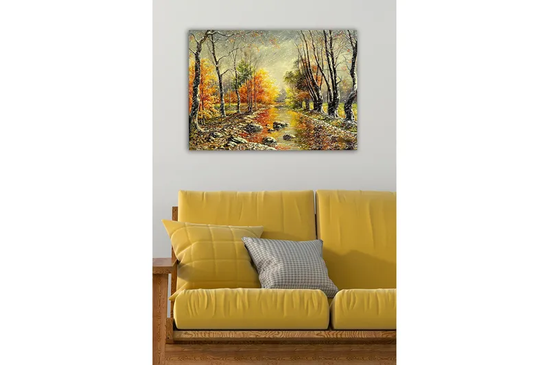 Lærredsbillede - Efterårslandskab med farverige træer og en spejlblank flod - Orange / Grøn / Brun - Boligtilbehør - Billeder & kunst - Billeder på lærred