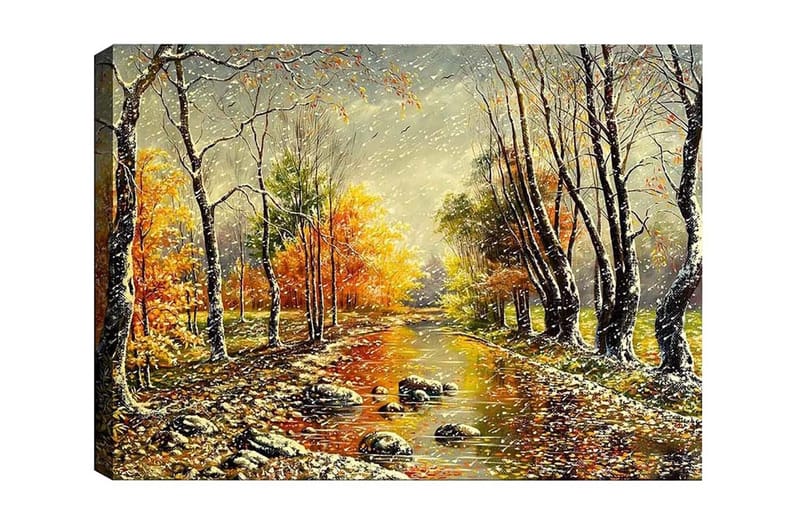 Lærredsbillede - Efterårslandskab med farverige træer og en spejlblank flod - Orange / Grøn / Brun - Boligtilbehør - Billeder & kunst - Billeder på lærred