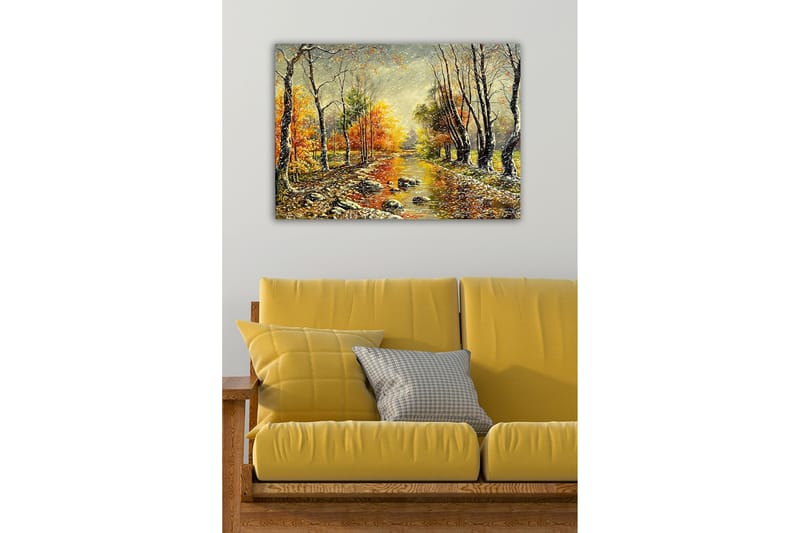 Lærredsbillede - Efterårslandskab med farverige træer og en spejlblank flod - Orange / Grøn / Brun - Boligtilbehør - Billeder & kunst - Billeder på lærred