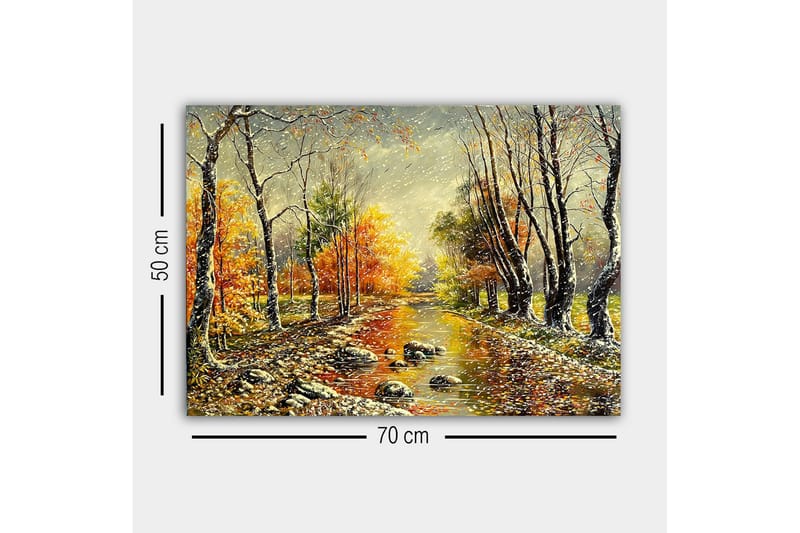 Lærredsbillede - Efterårslandskab med farverige træer og en spejlblank flod - Orange / Grøn / Brun - Boligtilbehør - Billeder & kunst - Billeder på lærred