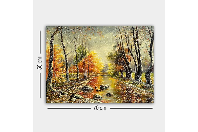 Lærredsbillede - Efterårslandskab med farverige træer og en spejlblank flod - Orange / Grøn / Brun - Boligtilbehør - Billeder & kunst - Billeder på lærred