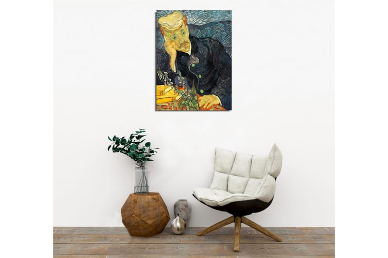 Lærredsbillede - Eftertænksom mand med en blomsterbuket - Mørkeblå / Grøn / Hudfarve - Boligtilbehør - Billeder & kunst - Billeder på lærred