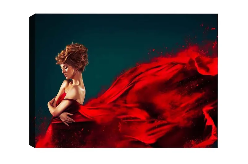 Lærredsbillede - Elegant kvinde i rød kjole med flagrende stof, Rød / Mørkeblå
