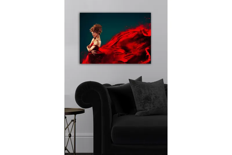 Lærredsbillede - Elegant kvinde i rød kjole med flagrende stof - Rød / Mørkeblå - Boligtilbehør - Billeder & kunst - Billeder på lærred