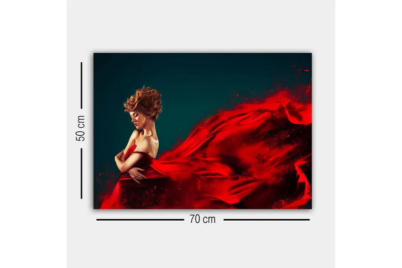 Lærredsbillede - Elegant kvinde i rød kjole med flagrende stof - Rød / Mørkeblå - Boligtilbehør - Billeder & kunst - Billeder på lærred