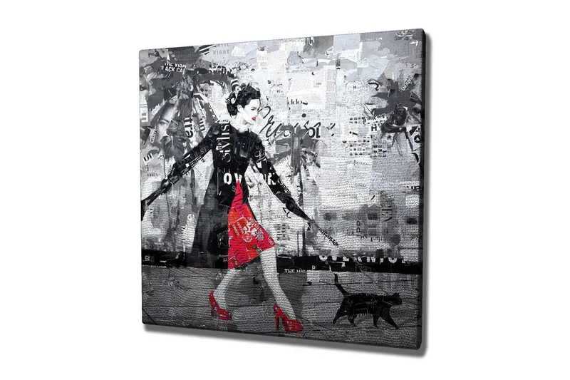 Lærredsbillede - Elegant kvinde i rød kjole med sort kat i bymiljø, Rød / Sort / Grå