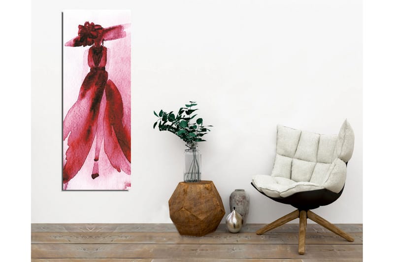 Lærredsbillede - Elegant kvinde i rød kjole med stor hat - Rød / Lyserød - Boligtilbehør - Billeder & kunst - Billeder på lærred