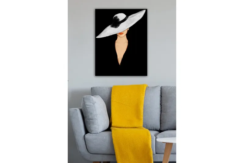 Lærredsbillede - Elegant kvinde med stor hvid hat og orange læber - Hvid / Sort / Orange - Boligtilbehør - Billeder & kunst - Billeder på lærred