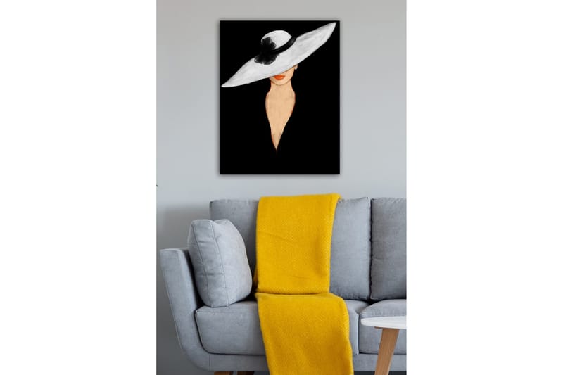 Lærredsbillede - Elegant kvinde med stor hvid hat og orange læber - Hvid / Sort / Orange - Boligtilbehør - Billeder & kunst - Billeder på lærred