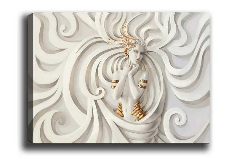 Lærredsbillede - Elegant kvinde omgivet af fejende, abstrakte former, Hvid / Beige / Guld