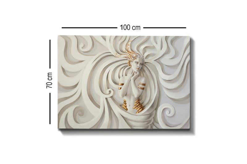 Lærredsbillede - Elegant kvinde omgivet af fejende, abstrakte former - Hvid / Beige / Guld - Boligtilbehør - Billeder & kunst - Billeder på lærred