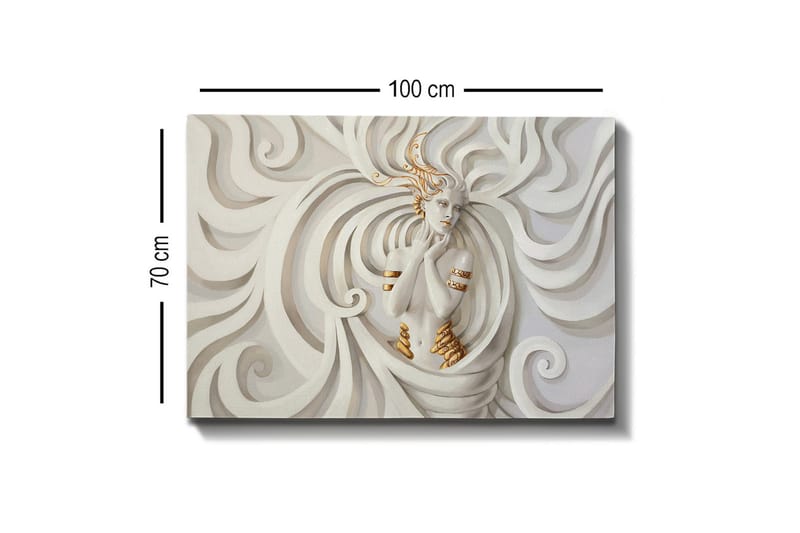 Lærredsbillede - Elegant kvinde omgivet af fejende, abstrakte former - Hvid / Beige / Guld - Boligtilbehør - Billeder & kunst - Billeder på lærred