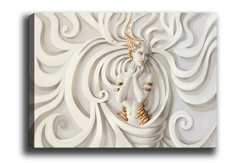 Lærredsbillede - Elegant kvinde omgivet af fejende, abstrakte former, Hvid / Beige / Guld