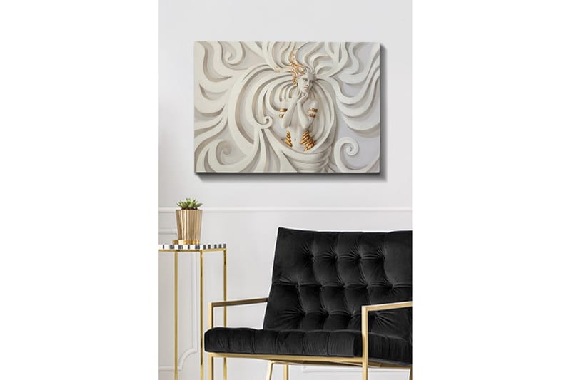 Lærredsbillede - Elegant kvinde omgivet af fejende, abstrakte former - Hvid / Beige / Guld - Boligtilbehør - Billeder & kunst - Billeder på lærred