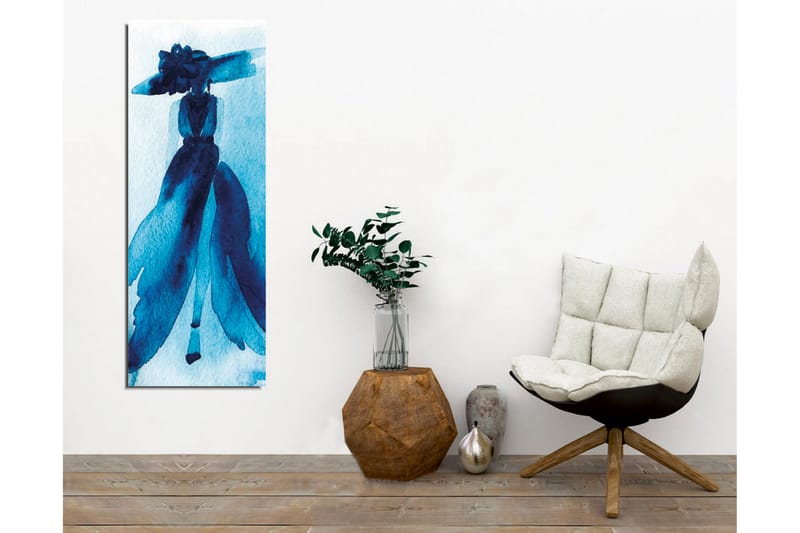 Lærredsbillede - Elegant silhuet af en kvinde i en stor hat og kjole - Mørkeblå / Lyseblå - Boligtilbehør - Billeder & kunst - Billeder på lærred