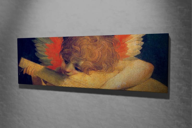 Lærredsbillede - Engel spiller på en lut med farverige fjer i baggrunden - Rød / Orange / Hudtone - Boligtilbehør - Billeder & kunst - Billeder på lærred