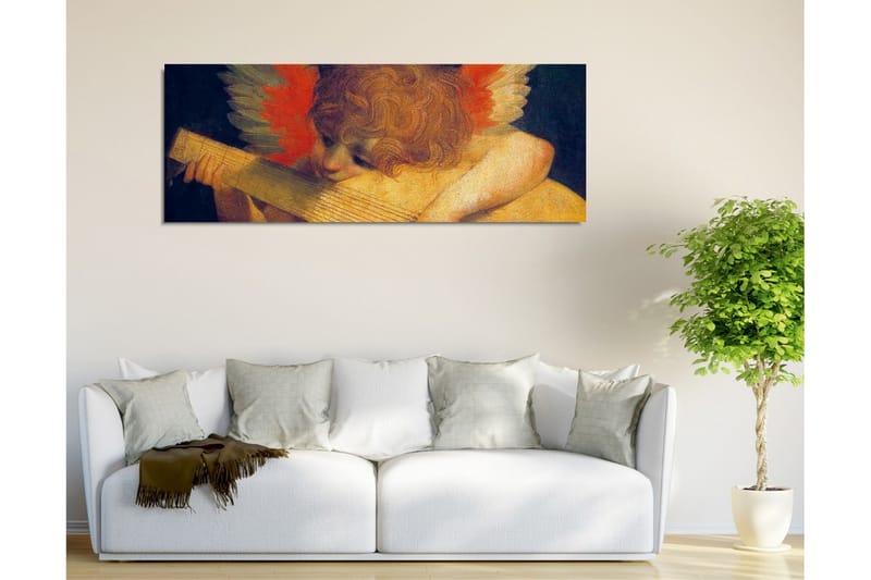 Lærredsbillede - Engel spiller på en lut med farverige fjer i baggrunden - Rød / Orange / Hudtone - Boligtilbehør - Billeder & kunst - Billeder på lærred