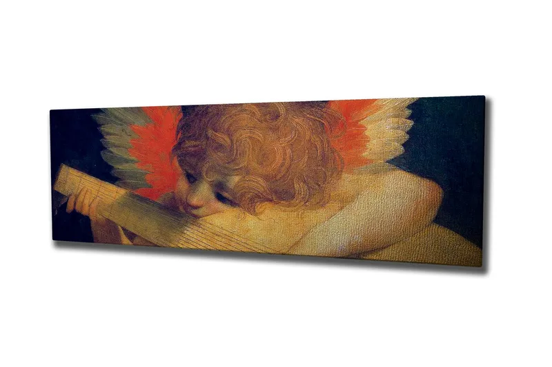 Lærredsbillede - Engel spiller på en lut med farverige fjer i baggrunden, Rød / Orange / Hudtone