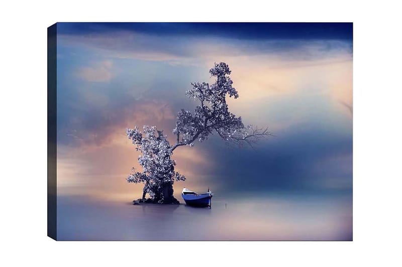 Lærredsbillede - Ensom båd ved en mystisk trækonstellation i en spejlblank vandoverflade, Blå / Grå / Hvid