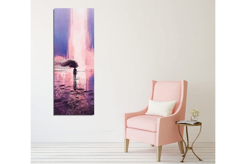 Lærredsbillede - Ensom figur med paraply i en drømmeagtig landskabsscene - Lilla / Pink / Mørkeblå - Boligtilbehør - Billeder & kunst - Billeder på lærred
