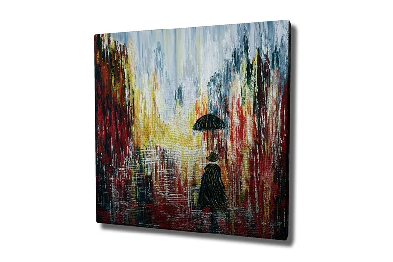 Lærredsbillede - Ensom figur med paraply i et regnfuldt bymiljø, Rød / Sort / Gul