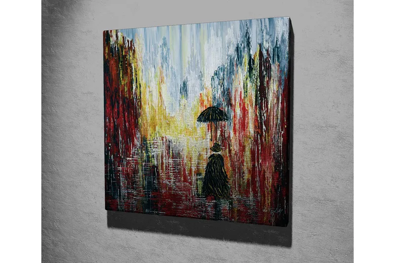 Lærredsbillede - Ensom figur med paraply i et regnfuldt bymiljø - Rød / Sort / Gul - Boligtilbehør - Billeder & kunst - Billeder på lærred