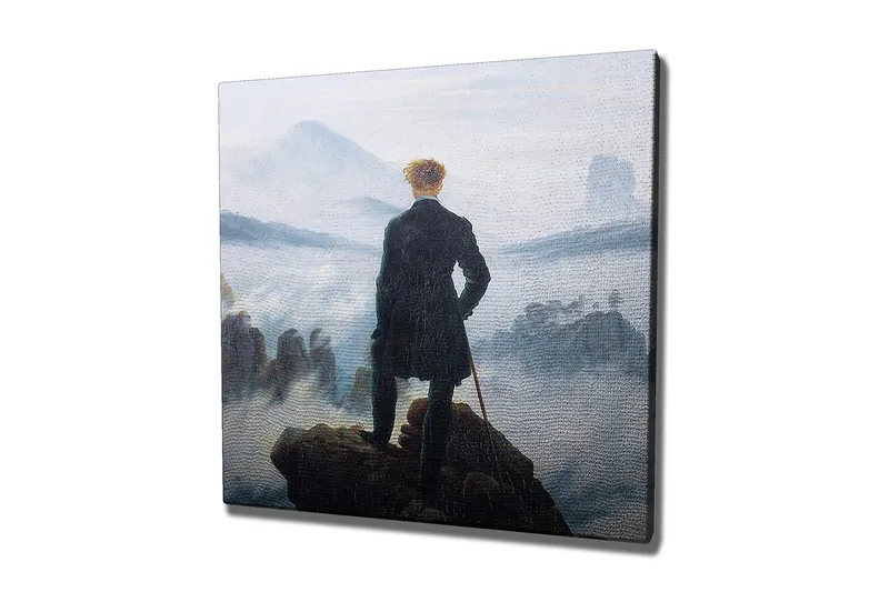 Lærredsbillede - Ensom mand på en klippe med udsigt over et tåget landskab, Mørkegrøn / Grå / Blå