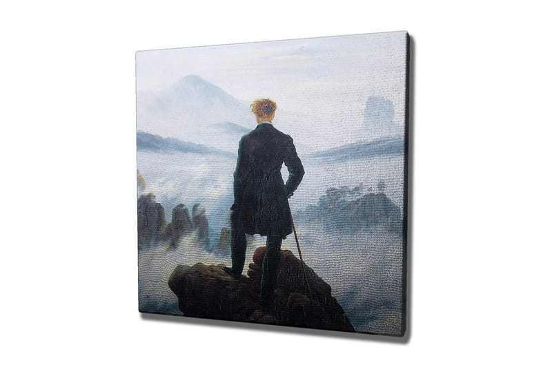 Lærredsbillede - Ensom mand på en klippe med udsigt over et tåget landskab, Mørkegrøn / Grå / Blå