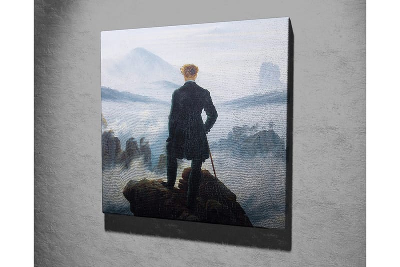 Lærredsbillede - Ensom mand på en klippe med udsigt over et tåget landskab - Mørkegrøn / Grå / Blå - Boligtilbehør - Billeder & kunst - Billeder på lærred