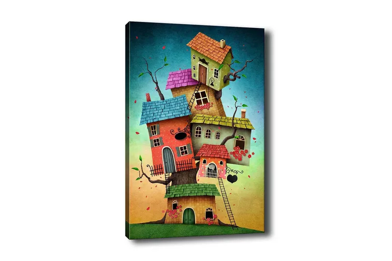 Lærredsbillede - Fantasifuld bygning af farverige huse, der vokser ud af en træstamme, Grøn / Rød / Blå