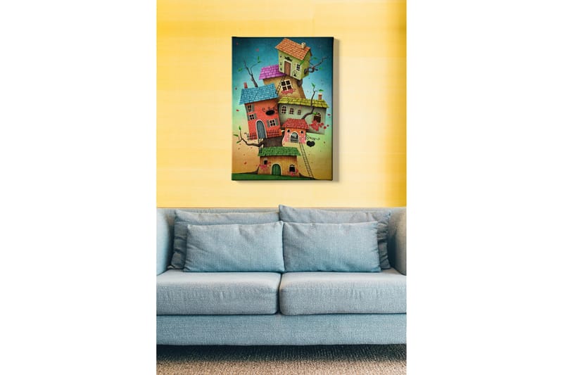Lærredsbillede - Fantasifuld bygning af farverige huse, der vokser ud af en træstamme - Grøn / Rød / Blå - Boligtilbehør - Billeder & kunst - Billeder på lærred