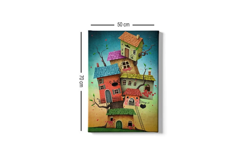Lærredsbillede - Fantasifuld bygning af farverige huse, der vokser ud af en træstamme - Grøn / Rød / Blå - Boligtilbehør - Billeder & kunst - Billeder på lærred