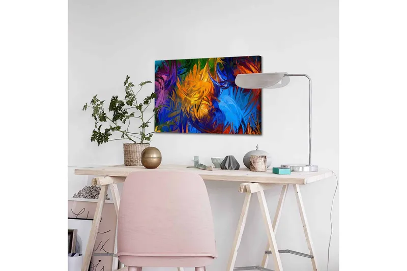 Lærredsbillede - Farverig abstrakt komposition med svajende former - Blå / Orange / Grøn - Boligtilbehør - Billeder & kunst - Billeder på lærred